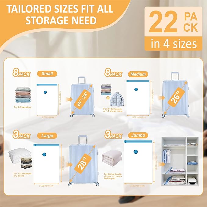 Cozy Essential 22 Pack Vacuum Storage Bags with Portable Rechargeable Wireless Electric Pump, Vacuum Seal Space Saver Bags for Clothing, Pillows, Blanket, Bedding, Comforter