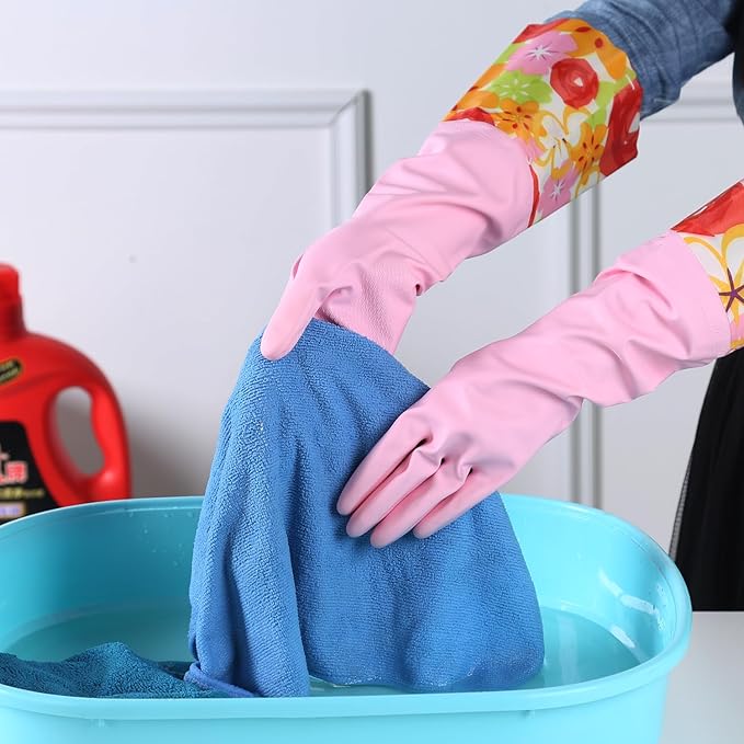 Bamllum 2 Pairs Rubber Cleaning Gloves, Household Kitchen Dishwashing Gloves with Cotton Flocked Liner, Long Cuff 16 Inches (Yellow+Pink, XL)