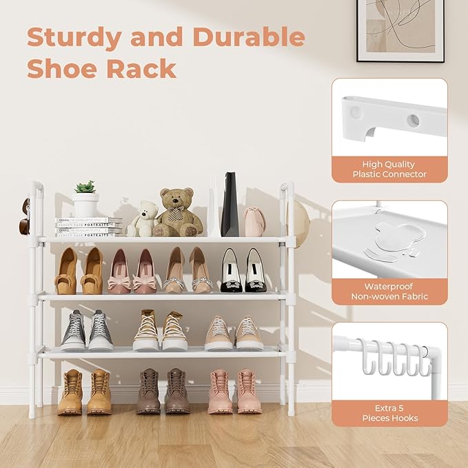 3 Tier Shoe Rack for Closet, Shoe Organizer with 5 Hooks, Long Shoe Shelf Storage for Shoe and Boot Stackable Free Standing Shoe Rack for Entryway, Garage, Small Spaces, Dorm, White