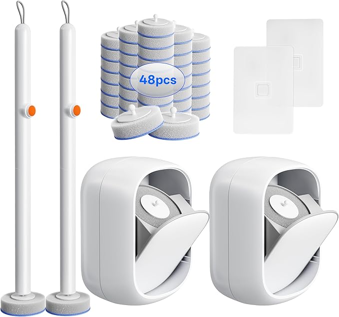 Disposable Toilet Cleaning System - Toilet Wand Kit with 48 High-Performance Refills, Wall Mounted Brush and Holder for Deep Cleaning Bathroom (2 Toilet Brush+48 Refills)