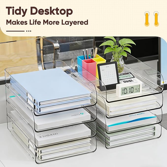 HIYOHIYO 4 Tier Clear A4 Paper Tray, Acrylic Desk Organizer for A4 File, Stackable Paper Organizer for Office, Large Capacity Desktop Letter Holder, Stackable Papers Storage Rack, Vertical Style