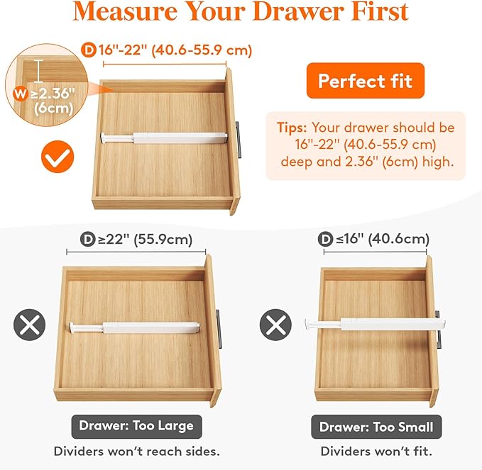 Lifewit 4 Pack 2.36" High Drawer Dividers 40-56cm/16-22 Adjustable Drawer Organizer for Clothes/Utensils, Expandable Drawer Separator in Dresser/Kitchen/Bedroom/Office Organization & Storage White