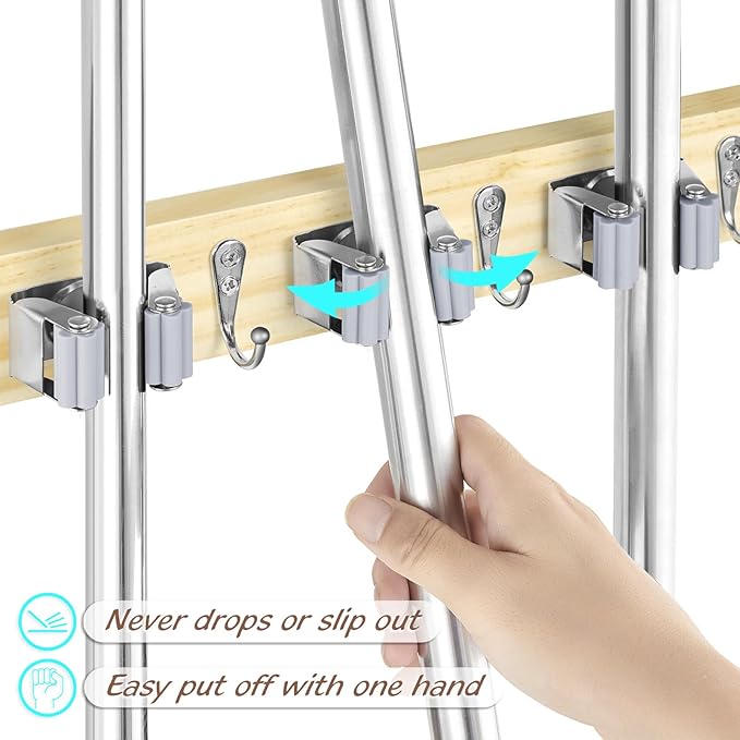 Mop and Broom Holder Wall Mount - Light Wood Broom Mop Hanger - Wall Mounted Garden Tool Rack Organizer for Closet Garage Laundry Room Kitchen With 4 Slots & 4 Hooks