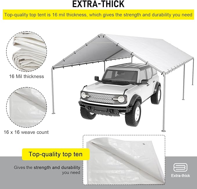 10 x 20 Ft Carport Replacement Canopy Cover Garage Top Tent Shelter Tarp with Free 48 Ball Bungee Cords,White(Only Cover, Frame Not Include)