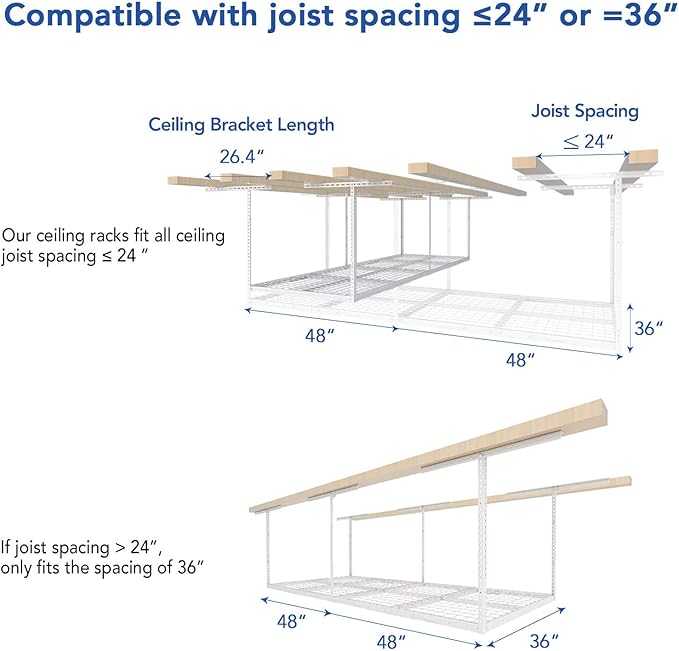 FLEXIMOUNTS 3x8 Overhead Garage Storage Rack, Adjustable Storage Organization System, Heavy Duty Metal Garage Ceiling Storage Racks, 2 pack, White, Classic Series