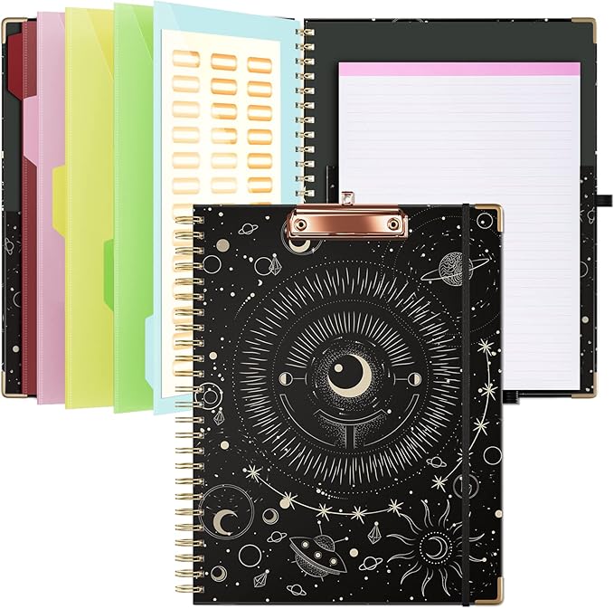 Ospelelf Clipboard with Storage 8.5 X 11，Padfolio Organizer, Spiral Portfolio Letter Size with Notepad, Pen Holder, 5 Extra Folder Divider Pages, Elastic Closure Nurse Office Essentials (Black Tarot)