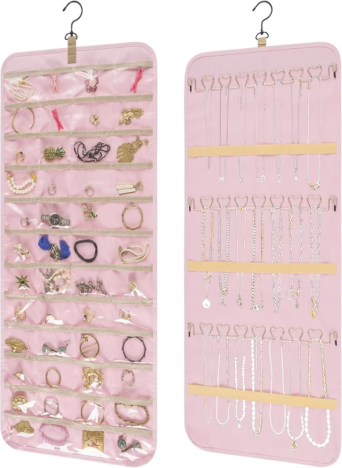 Bloss Hanging Jewelry Organizer with 48 Pockets, Double-Size Hanging Jewelrys Holder with Hanger Hooks, Jewelry Organizers and Storage for Earrings, Necklaces and Rings,Pink