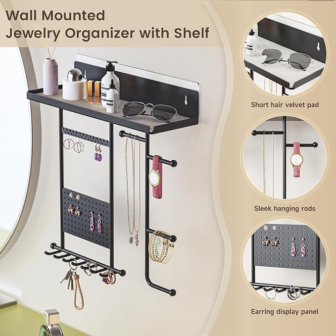 Wall Mounted Jewelry Organizer with Shelf: Metal Display Stand with Velvet Pad, Multi-Layer Necklace Hanging Rack for Bedroom Bathroom Space Saving No-Drill Wall Decor