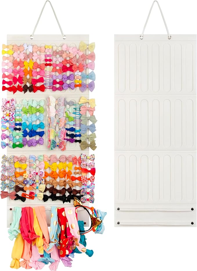 Bow Holder Organizer for Girls - Hanging Hair Accessories Storage for Headbands, Clips, Ties, Scrunchies (Without Bows) (Beige)