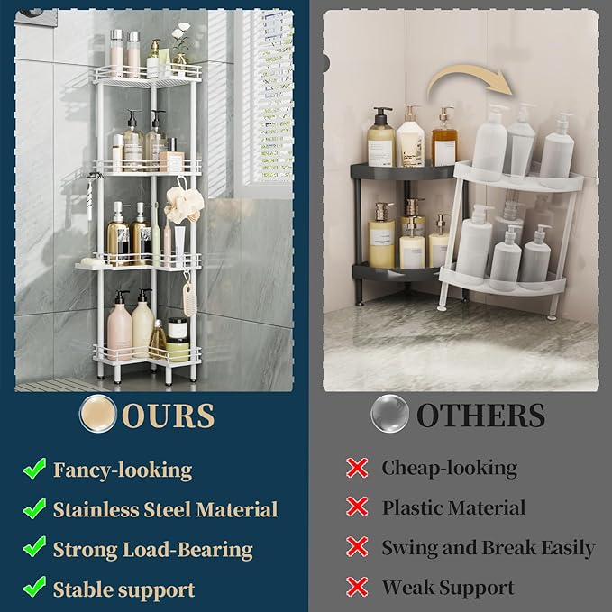 Consumest Corner Shower Caddy Standing - 4-Tier Stainless Steel Shower Organizer with Soap Holder and 4 Hooks, Large Capacity Corner Shelf Stand for Bathroom, Rest Room, White