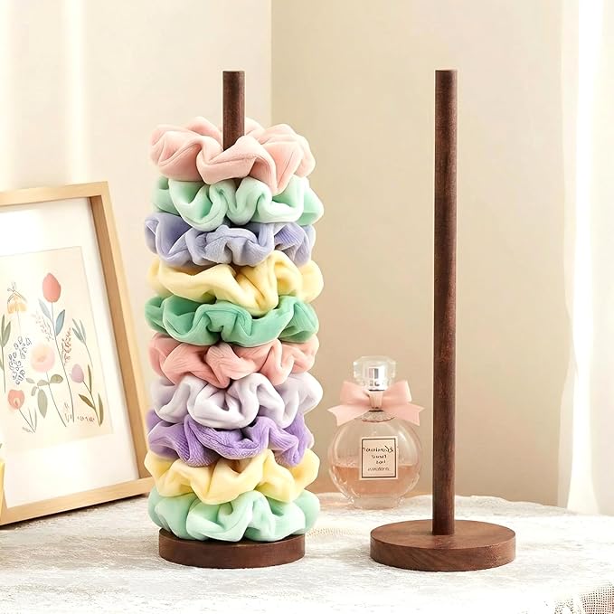 2 Pcs Scrunchie Holder Stand Hair Tie Organizer Vertical 15-20 Scrunchies Hairs Accessories Organizer Display Scrunchy Wood Hair Tie Holder Storage for Women Bathroom Bedroom Decor (Walnut wood, large)