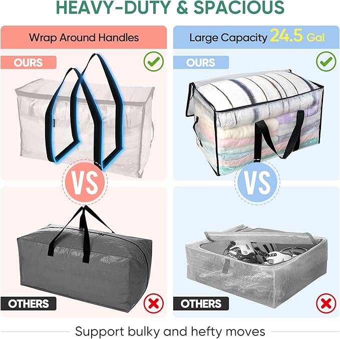 BALEINE 12-Pack Oversized Moving Bags with Reinforced Handles, Heavy-Duty Storage Tote for Clothes, Moving Supplies (Clear, 12-Pack)