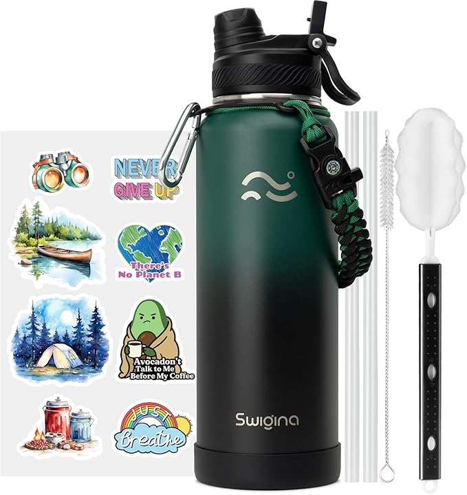 Insulated Water Bottle with Silicone Boot (36hrs Cold/18hrs Hot) - DIY Stickers, [2-in-1 Lid], BPA Free, 40 oz