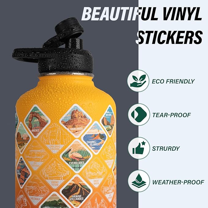 National Parks Water Bottle – 64 oz Insulated Stainless Steel Bottle with 63 Hand-Drawn Park Stickers, Carrier Bag, Strap & Gift Box – BPA-Free – Ideal for Hiking, Camping & Travel