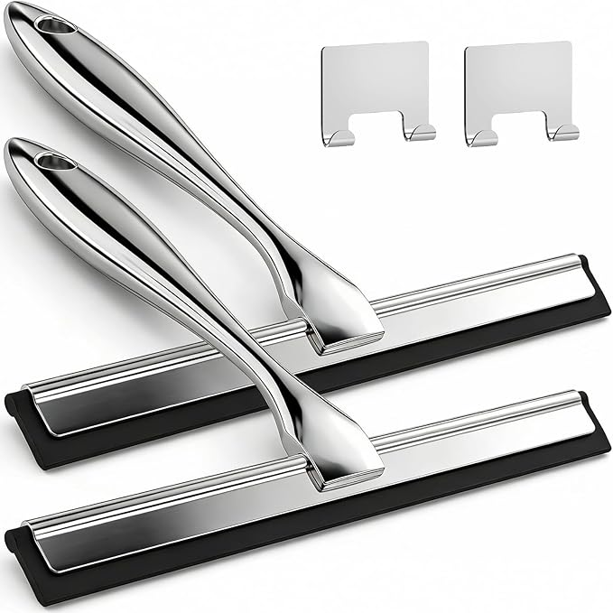 2PACK All-Purpose Shower Squeegee for Shower Doors, Tile Shower Walls, Bathroom, Window, Glass and Car Windshield, Mirrors and Kitchen-Stainless Steel, 9.8-Inch, Silver