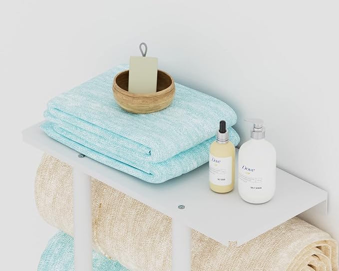 Towel Rack with Shelf and 3 Hooks, Bethom Towel Holders for Bathroom Wall Mounted, Metal White Towel Racks can Hold 3 Large Bath Sheets Blanket