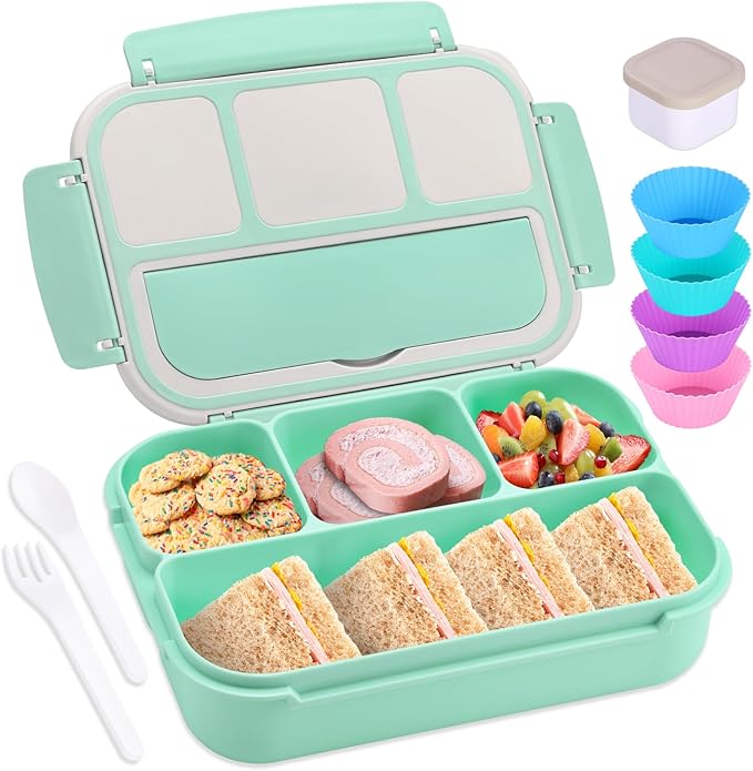 Bento Box Adult Lunch Box, Lunch Containers for Kids Girls Boys with 4 Compartments, Lunchable Food Container with Utensils, Sauce Jar, Muffin Liners, 40 Oz/5 Cup, Seafoam Green