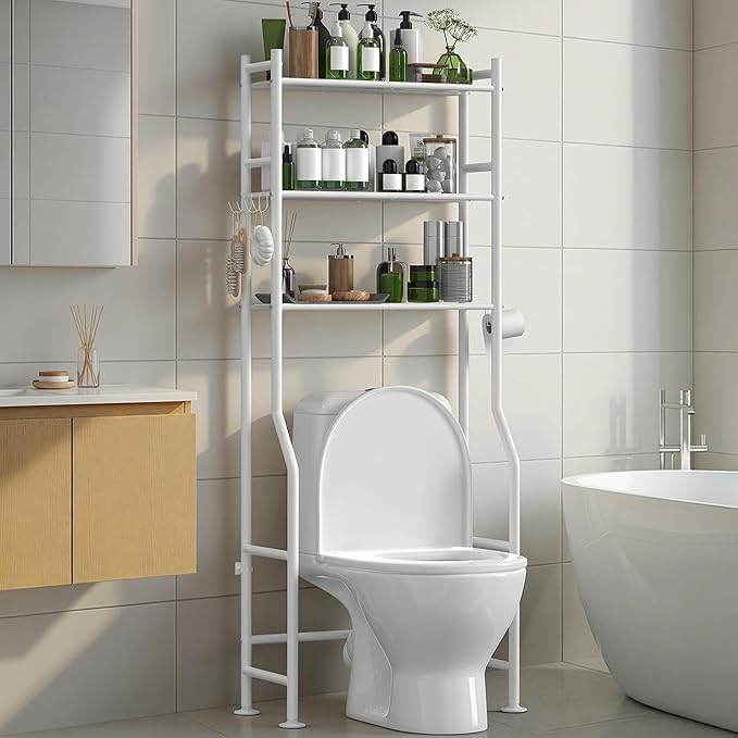 3-Tier Over The Toilet Storage with Paper Holder, Metal Bathroom Organizers and Storage for Small Space, Freestanding Bathroom Shelves with 4 Hooks, Above The Toilet Storage Shelf (White)