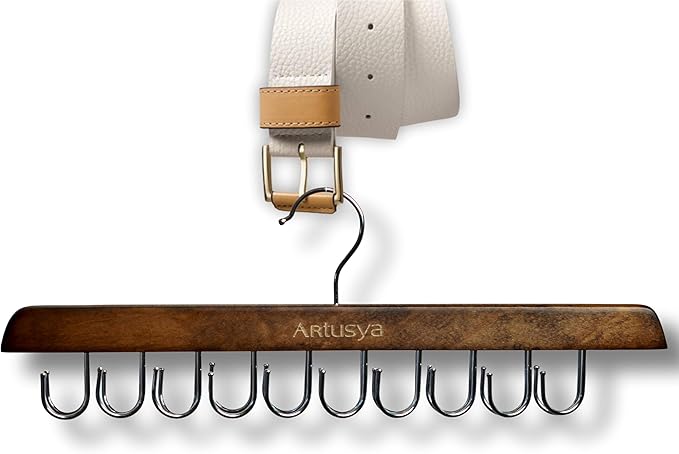 Belt Hanger for Closet, Sturdy Wood Belt Rack Closet Accessories with 20 Hooks Belt Organizer for Closet Organizers and Storage, Brown