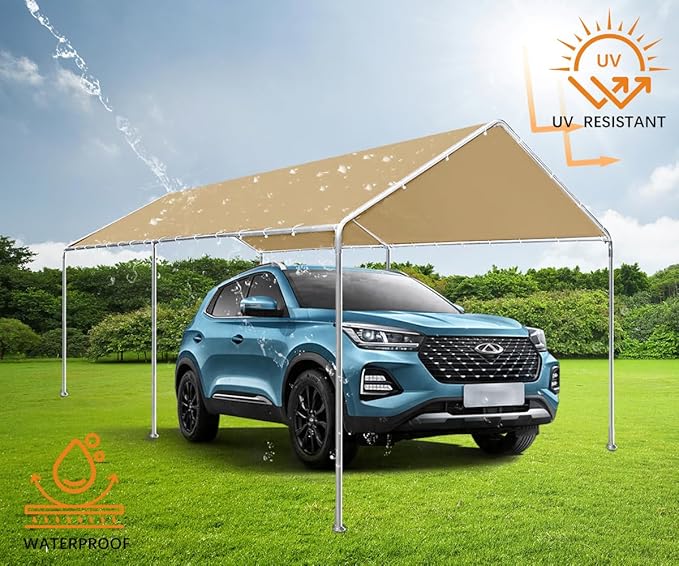 10'x20' Carport Replacement Canopy Cover for Top Tent Shelter Tarp with Ball Bungees Beige (Only Top Cover, Frame is not Included)