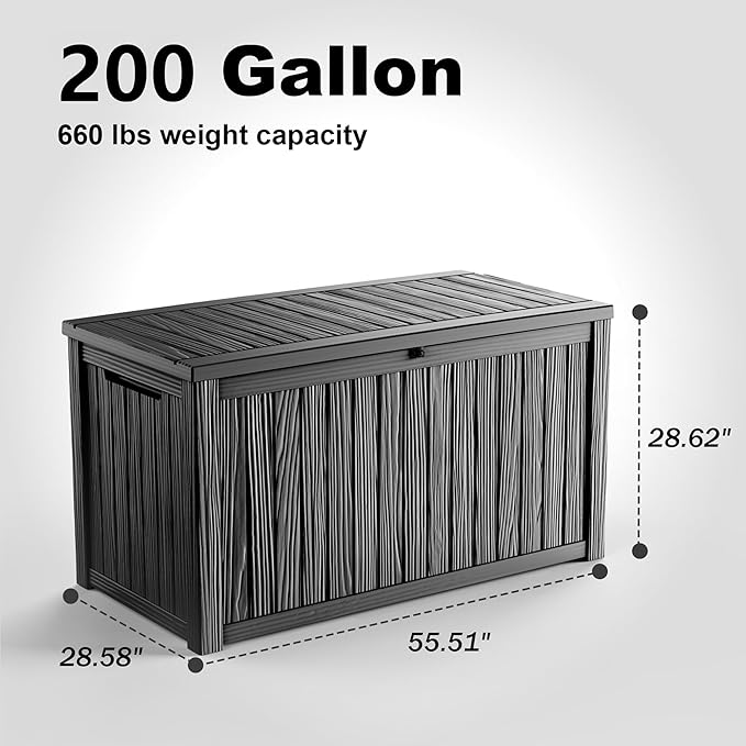 180 Gallon Outdoor Deck Box,Waterproof Resin Outdoor Storage Boxes, Outside Storage Lockable Container for Garden Tools,Indooor Cushions,Accessories (Black)