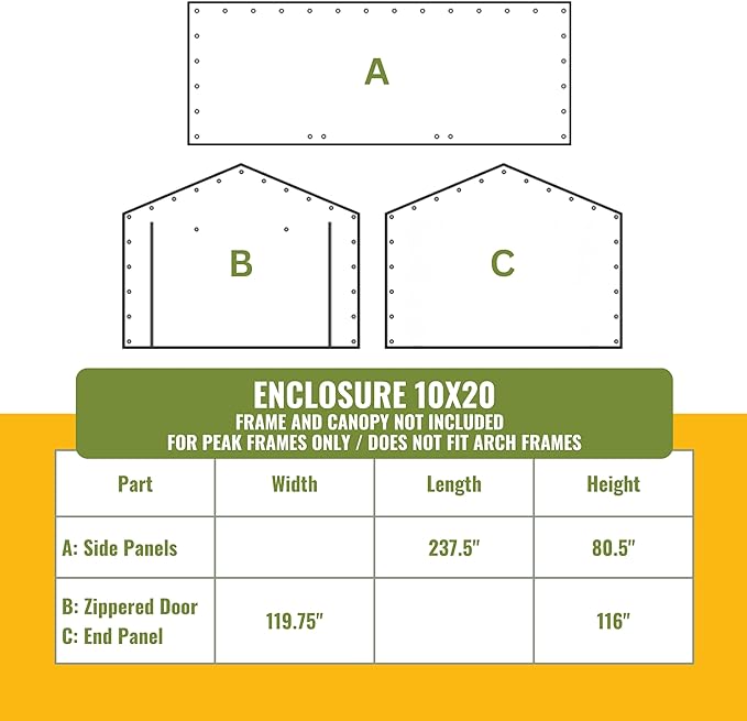 10x20 ft Carport Canopy Enclosure Kit - Heavy-Duty Waterproof Tarp with UV Protection, Easy Install Sidewalls, Back Panel and 2 Zipper Door (Frame and Canopy NOT Included)