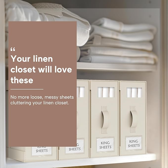 Criusia Bed Sheet Organizers and Storage, 4 Pack Foldable Linen Closet Organizers – Bedding Holder for Sheet Set (King/Queen Sizes), Duvet Covers, Blankets (Beige)