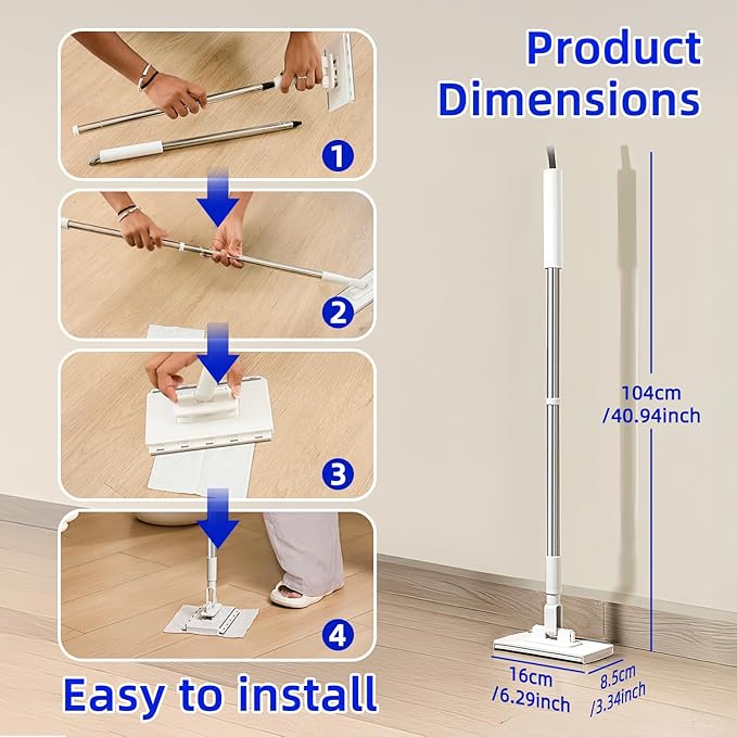 Snap-Grip Mini Mop with 39in Handle — INWEJIA Zero-Touch Gap Dust Cleaner & Locking Head, Disposable Lazy Mop Wet and Dry for Kitchen Bathroom Toilet Corners Window Wall Cleaning