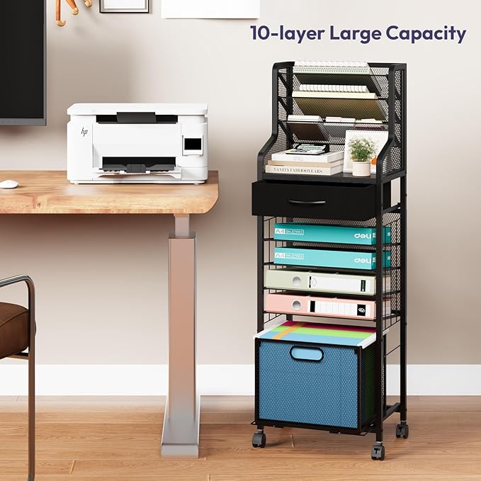 SWTYMIKI 10-Tier Rolling File Cart - Mesh Paper Organizer with Drawer and Hanging File Folders on Lockable Wheels, Rolling File Cabinet for Office Organization, Storage in Home, Studio, School, Black