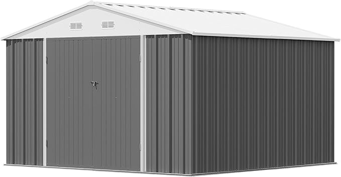 Patiowell 10x10 FT Storage Shed, Outdoor Metal Sheds with Lockable Door and Sloping Roof, Waterproof Outside Large Garden Tool Shed with Breathable Vents for Patio Lawn Backyard, Gray