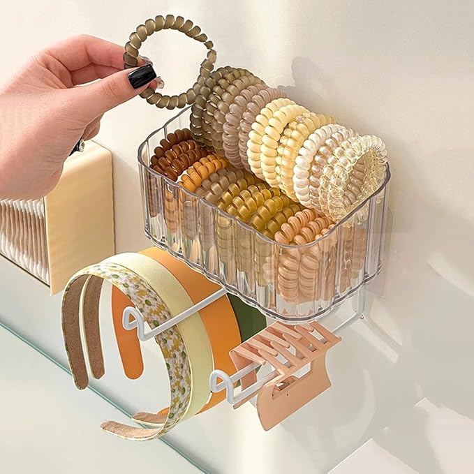 MORNITE Adhesive Clear Hanging Headband Organizer Wall, Makeup Storage Box with Brackets Rack Caddy for Hair Headband Jewelry Clips Pins Rings