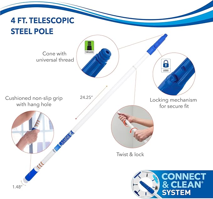 Unger Steel Telescopic Pole, Extend from 2’ to 4’, High Access Extendable Telescoping Poles for Home Cleaning, Clean and Dust Cabinets, Ceiling Fans, Picture Frames, Windowsills