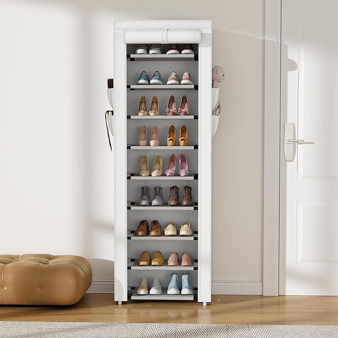 Shoe Rack with Cover Narrow Shoe Rack Organizer with 4 Side Pockets 10 Tier Tall Shoe Storage Shoe Shelf Holds 18-22 Pairs Shoes and Boots Shoe Rack for Closet, White