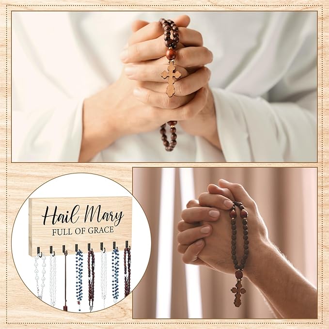 Large Wooden Rosary Holder Wall Mounted with 8 Hangers Catholic Rosary Storage Organizer Decorative Hanger Holder for Necklace, Bracelet Prayer Storage (Natural)