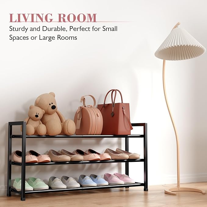 Bumusty 3-Tier Expandable Shoe Rack for Closet, 18“-33” Adjustable Shoe Rack for Small Space, Small Shoe Organizer for Front Door, Sturdy Metal, Black