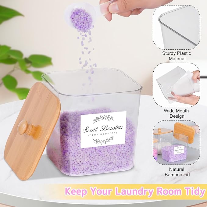 efluky 2 Pack Laundry Pods Container & Dryer Sheet Holder Set,Clear Laundry Room Organization Containers with Bamboo Lids and Labels,Laundry Pods Holder for Scent Booster,Powder,Pod