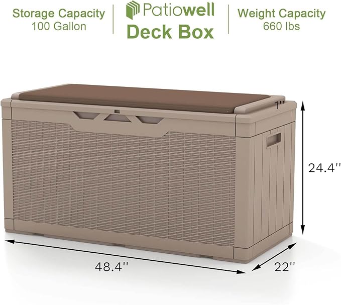 Patiowell 100 Gallon Resin Deck Box with cushion, Waterproof Large Outdoor Storage Box for Patio Furniture and Garden Tools, Light Brown