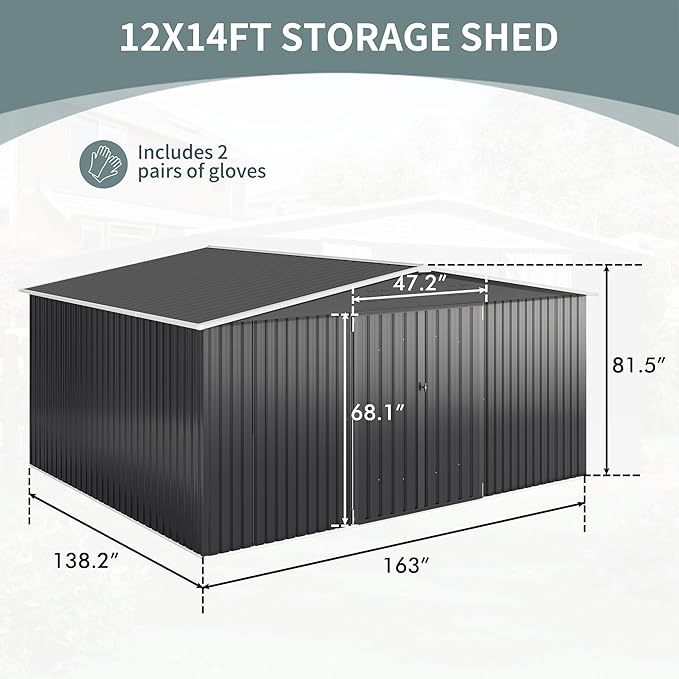 Polar Aurora 12x14 FT Outdoor Storage Shed, Garden Shed with Updated Frame Structure and Lockable Doors, Metal Tool Sheds for Backyard Garden Patio Lawn, Black
