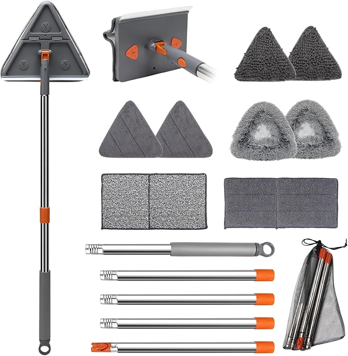 Wall Cleaner Mop with Long 85" Handle,Baseboard Cleaner Tool with Handle,180° Folding Ceiling Tool Duster with Squeegee,360 Rotatable Wall Mop,10 Replacement Pads for Cleaning Baseboard,Window