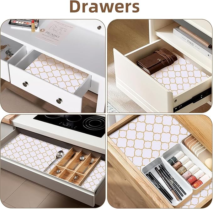 Shelf Drawer Liners for Kitchen Cabinets Non Adhesive Drawer Liner Thickened Refrigerator Liner Gold Quatrefoil Strong Non-Slip Paper for Tool Box with Knife and Tape Measure,11.8 x 354.3 Inches