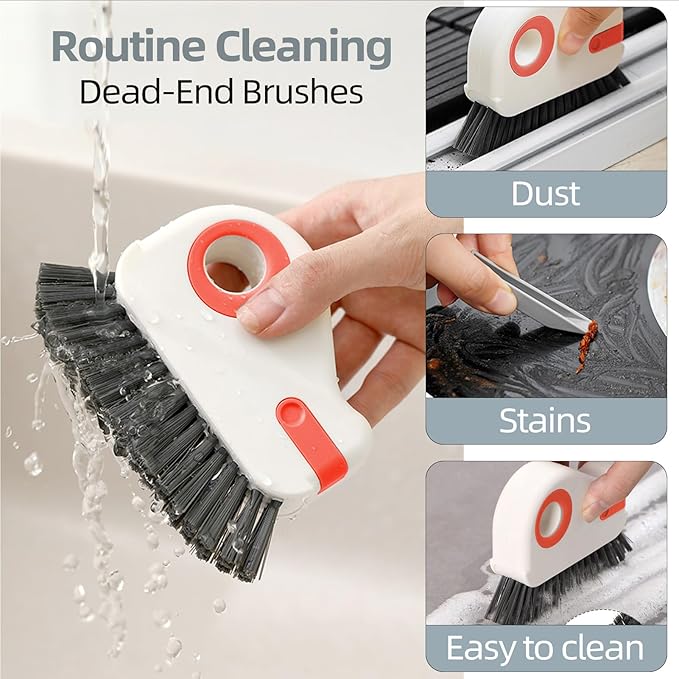 2 in 1 Groove Cleaning Brush, Grout Cleaner Tool & Multifunction Window Track Cleaner (with Hidden Scraper or Mini Dustpan) – for Glass Door Tracks, Window Sills, Sliding Doors (Orange + Grey)