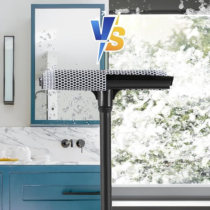 2-in-1 Car Window Cleaner, Multi-Use Car Windshield Cleaning Tool, with 15.9" Handle, 8" Soft Rubber Blade & Highly Absorbent Sponge, Home, Car, Glass, Shower, Outdoor Window Cleaning