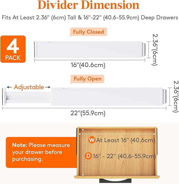 Lifewit 4 Pack 2.36" High Drawer Dividers 40-56cm/16-22 Adjustable Drawer Organizer for Clothes/Utensils, Expandable Drawer Separator in Dresser/Kitchen/Bedroom/Office Organization & Storage White
