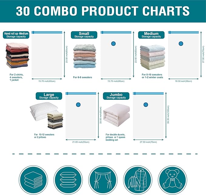 Cozy Essential 30 Pack Vacuum Storage Bags, Space Saver Vacuum Storage Bags, Vacuum Seal Bags for Clothing, Clothes, Comforters and Blankets, Pillow, Bedding