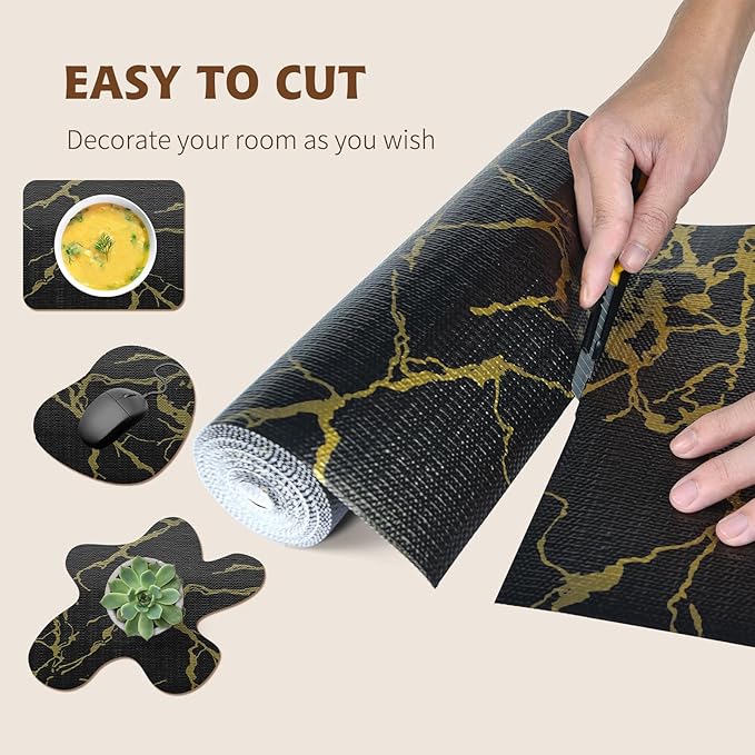 2-Layer Drawer and Shelf Liner for Kitchen Cabinet: 17.3in X 20Ft Non Slip Waterproof Shelf Paper Non Adhesive Refrigerator Liners Black/Gold Marble Easy Liners for Bathroom with Knife Tape Measure