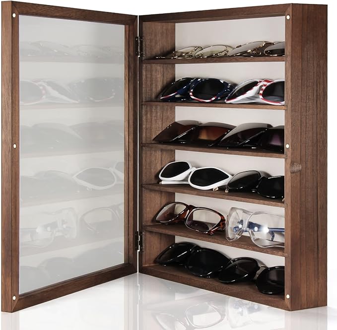 TJ.MOREE Sunglasses Organizer Storage Wall Mounted: 13 x 15.6 inches Eyewear Display Case Rustic Wood Eyeglasses Holder Large Glasses Storage Box, Brown
