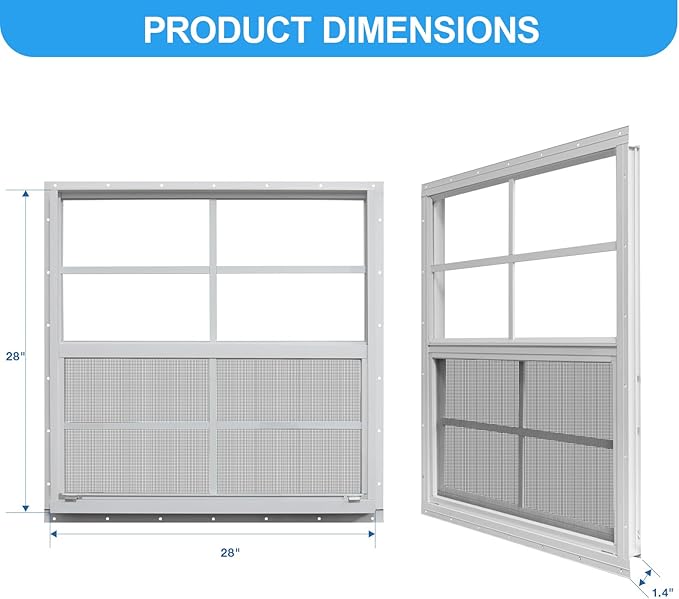 NeatiEase Upgraded Shed Windows 2 Pack, 28" x 28" Windows with Tempered Glass and Stainless Steel Screen for Shed, Chicken Coop, Playhouse, Household, Garage(White)