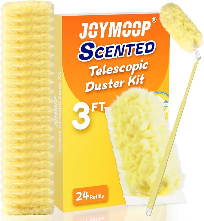 JOYMOOP Scented Telescopic Duster kit, 3FT Extendable Handle (Yellow) + 24 Yellow Refill Heads – Easy Cleaning for Ceilings, Ceiling Fans, Blinds, Vents & Shelves