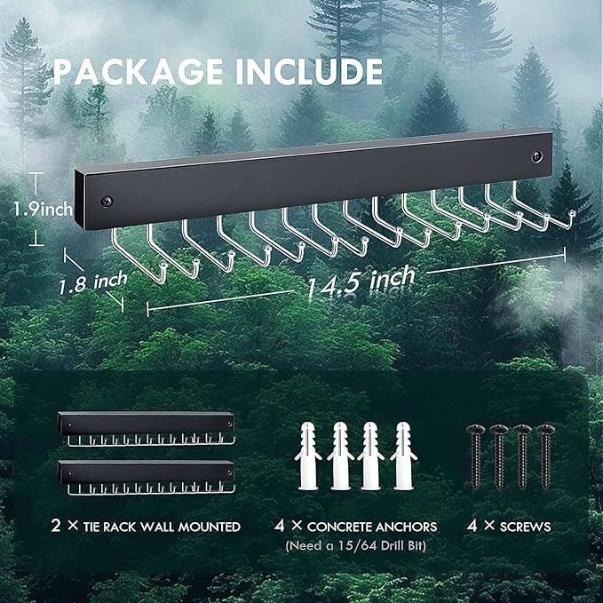 2Pack Tie Rack Wall Mounted, Wooden Belt Hanger Tie Organizer for Men with 28 Folding Hooks, Space Saving Tie Holder and Belt Rack for Closet Wall Mount, Black