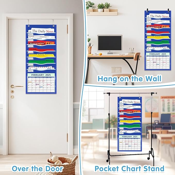 15" Extra Wide Hanging File Organizer with 8 Pockets - Heavy Duty Classroom Pocket Chart, Wall Mounted Document Organizer with Writable Clear Pocket, 5 Wall/ Door Hooks & 12 Labels (Blue)